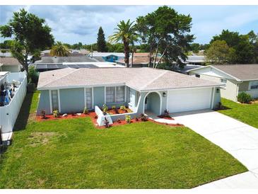 Charming one-story home featuring a well-manicured lawn, fresh landscaping, and attached two-car garage at 7314 Ivanhoe Dr, Port Richey, FL 34668