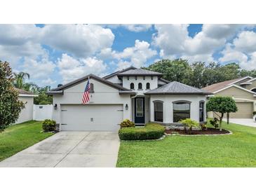 Charming home showcasing a well-manicured lawn, two-car garage, and a delightful blend of architectural styles at 12251 Duckett Ct, Spring Hill, FL 34610
