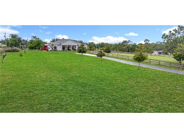 Expansive front yard with lush green grass and a long driveway leading to a beautiful white home at 28410 Wildlife Ln, Brooksville, FL 34602