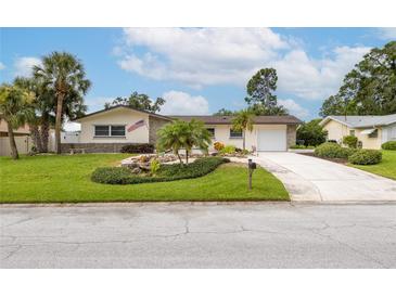 Charming single-story home with a lush front yard, palm trees, stone accents, and an American flag at 1251 Fairway Dr, Dunedin, FL 34698