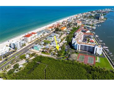 Beautiful aerial view of a beach community with stunning Gulf of Mexico water views at 19109 2Nd St, Indian Shores, FL 33785