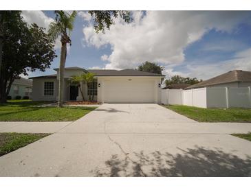 Well-maintained home with a large driveway, two-car garage, green lawn, and well maintained garden at 11403 Wellman Dr, Riverview, FL 33578