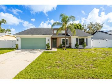 Charming single-story home with a well-manicured lawn and a lush palm tree in the front yard at 12106 Clearbrook Ct, Riverview, FL 33569