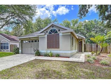 Charming single-story home features an attached garage and beautifully landscaped front yard with mature trees at 1319 Dew Bloom Rd, Valrico, FL 33594