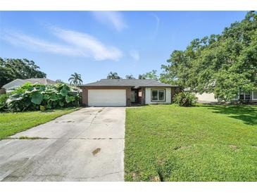 Charming single-story home with well-maintained lawn, mature trees, and a two-car garage at 22422 Stillwood Dr, Land O Lakes, FL 34639