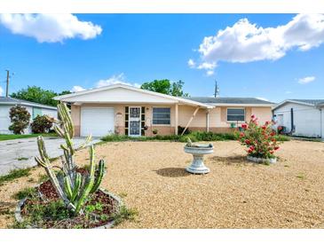 Charming single-story home with tidy gravel landscaping, small decorative plants and cheerful curb appeal at 4025 Chesswood Dr, Holiday, FL 34691