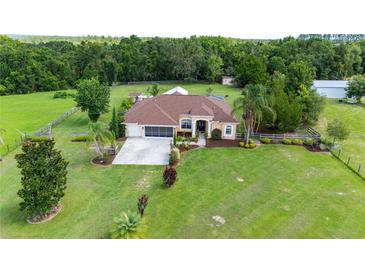 Charming single-story home with well-manicured lawn, mature trees, and a screened-in porch at 23075 Hayman Rd, Brooksville, FL 34602