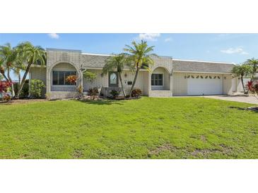 Charming single-story home with a lush green lawn and mature palm trees enhancing curb appeal at 1717 Danbury Dr, Sun City Center, FL 33573