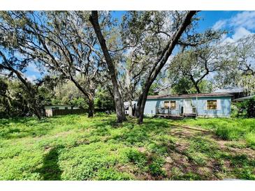 A charming light-blue single-story home nestled among mature trees, offering a tranquil setting and appealing curb appeal at 1821 Weekend Ln, Odessa, FL 33556