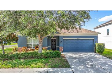 Charming single-Gathering home with a blue exterior, a well-manicured lawn, and an attached two-car garage at 18339 Fish Loop, Land O Lakes, FL 34638