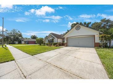 Charming one-story home boasts a well-manicured lawn, a two-car garage, and appealing architectural details at 12405 Pathway Ct, Riverview, FL 33569