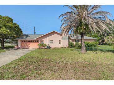 Charming single-story home with a well-maintained lawn and a large palm tree in the front yard at 4355 Odin St, Spring Hill, FL 34608