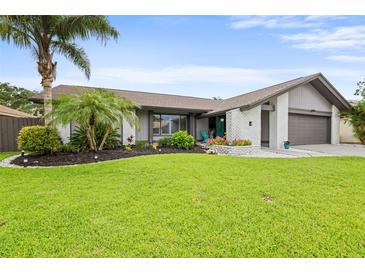 Charming single-story home with well-manicured lawn, tropical landscaping, and painted brick exterior at 1632 Ridge Top Way, Clearwater, FL 33765