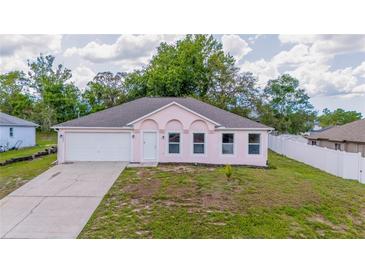 Charming single-story home with a pink exterior, well-manicured lawn, and attached garage at 14006 Amero Ln, Spring Hill, FL 34609
