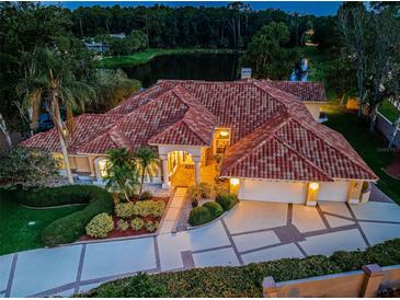 Stunning aerial view of tile roof home with lush landscaping and lake views in a beautiful, private setting at 1303 Forestedge Blvd, Oldsmar, FL 34677