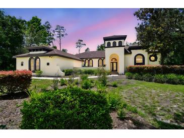 Charming home featuring unique tower, arched windows, and well-manicured landscaping at 13503 Gopher Pond Ct, Hudson, FL 34669