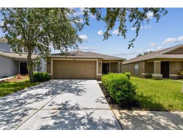 Inviting single-story home with a well-maintained lawn and a two-car garage at 8020 Carriage Pointe Dr, Gibsonton, FL 33534