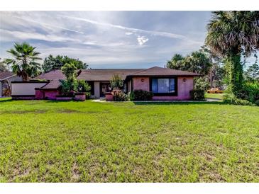 Charming brick home with a well-maintained lawn and mature palm trees under a blue sky at 10365 Lynnhaven Rd, Spring Hill, FL 34608