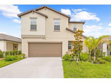 Charming two-story home with a well-manicured lawn, two-car garage, and a welcoming facade at 81 Rain Lily Ave, Spring Hill, FL 34609