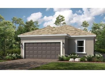 View of a home's attached two-car garage with a decorative door and adjacent landscaping at 3877 Consolare Ct, Wesley Chapel, FL 33543