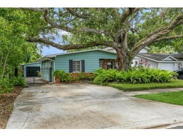 Charming home featuring a lovely turquoise exterior, beautiful landscaping, and mature trees in front at 8014 27Th N Ave, St Petersburg, FL 33710