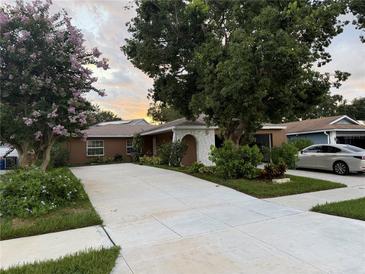 Charming home featuring lush landscaping, mature trees, and a spacious driveway under a beautiful sunset at 402 Evergreen Dr, Oldsmar, FL 34677