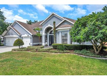 Beautifully landscaped front yard with lush green lawn and mature trees enhances this home's curb appeal at 9202 Brindlewood Dr, Odessa, FL 33556
