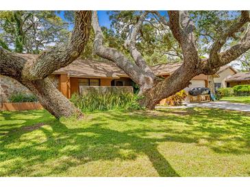 Charming home featuring mature landscaping, stone accents, and a well-maintained lawn at 8268 Garrison St, Spring Hill, FL 34606