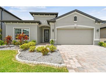 Charming single-story home featuring a well-manicured front yard and a two-car garage at 9316 Crescent Ray Dr, Wesley Chapel, FL 33545