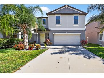 Charming two-story home with well-maintained landscaping, including palm trees and colorful flowers at 13324 Willow Bluestar Loop, Riverview, FL 33579
