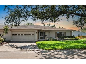 Charming single-story home with a two car garage and well-manicured lawn at 1617 Leland Dr, Sun City Center, FL 33573