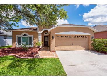 Charming one-story home with a well-manicured lawn, red mulch flowerbeds, and a two-car garage at 27652 Sky Lake Cir, Wesley Chapel, FL 33544