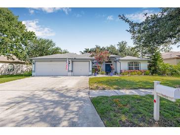 Charming single-story home featuring a well-manicured lawn, flowerbeds, and a spacious three-car garage at 34811 Arbor Green Pl, Zephyrhills, FL 33541