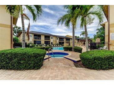 Inviting community pool and spa area surrounded by lush landscaping and palm trees at 12261 Sailwinds Dr # 203, Largo, FL 33773
