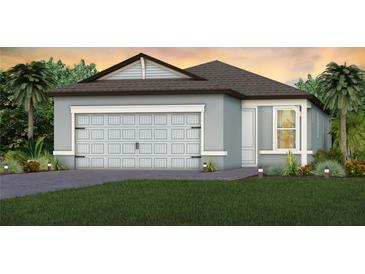 Charming single story home featuring a gray exterior, manicured lawn, and a two-car garage at 13740 Rocky Pine Pl, Spring Hill, FL 34610
