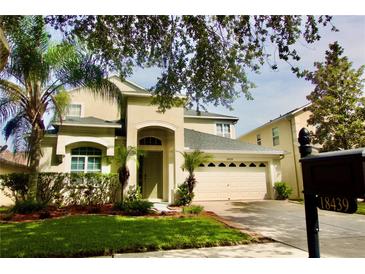 Charming two-story home featuring a well-manicured lawn, a two car garage and lush landscaping at 18439 Red Willow Way, Land O Lakes, FL 34638