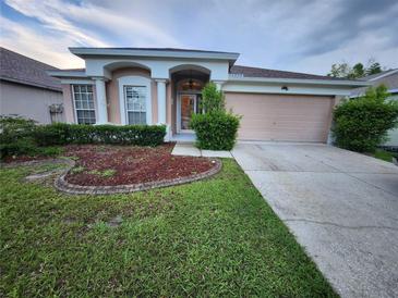 Charming single-story home featuring a well-manicured lawn and a two-car garage at 10539 Egret Haven Ln, Riverview, FL 33578