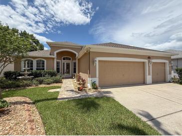 Charming single-story home with a well-manicured lawn, mature trees and a three car garage at 11610 Grove Arcade Dr, Riverview, FL 33569