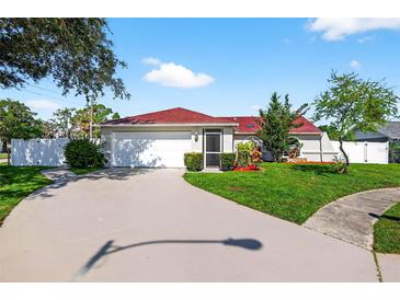 Charming single-story home with a well-manicured lawn, a red roof, a paved driveway, and an attached two-car garage at 8005 Pepperidge Ln, Port Richey, FL 34668