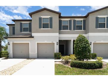 Charming townhome featuring a neutral color scheme, attached garages and well-manicured landscaping at 9741 Mulberry Marsh Ln, Sun City Center, FL 33573