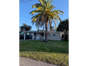 Charming single-story home featuring a lush lawn and a mature palm tree in the front yard at 10160 118Th Ave, Largo, FL 33773