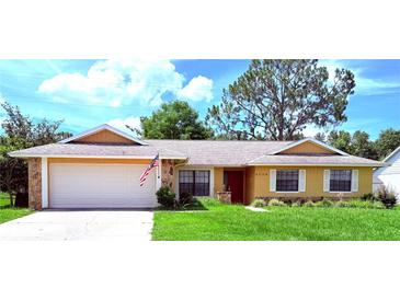 Charming single-story home with a well-manicured lawn and attached two-car garage at 4306 Woodside Manor Dr, Tampa, FL 33624