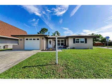 Charming single-story home with a well-manicured lawn, a white garage door and a welcoming front entrance at 1800 Mapleleaf Blvd, Oldsmar, FL 34677