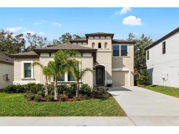 Beautiful two-story home featuring a manicured lawn, mature landscaping, and a neutral color scheme at 14672 Horse Trot Rd, Lithia, FL 33547