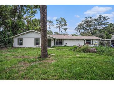 Charming single-story home with light exterior, lush lawn, and mature trees creating a private setting at 36251 Horseshoe Dr, Zephyrhills, FL 33541