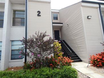 Exterior view of a two-story condo building with black stairs and colorful landscaping at 4811 Puritan Cir # 4811, Tampa, FL 33617