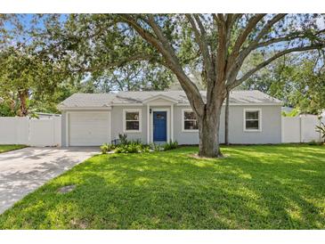 Charming single-story home featuring a well-manicured lawn and a blue front door under the shade of a mature tree at 4717 W Anita Blvd, Tampa, FL 33611