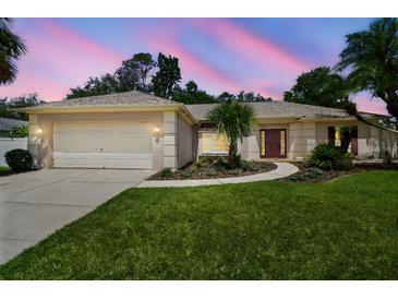 Charming single-story home with a well-manicured lawn and a two-car garage at 18504 Putters Pl, Tampa, FL 33647
