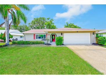 Charming single-story home featuring a lush green lawn, vibrant landscaping, and a bright red front door at 8402 Roxboro Dr, Hudson, FL 34667