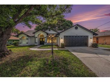Charming single-Gathering home featuring a well-manicured lawn, mature trees, and a two-car garage at 5092 Abagail Dr, Spring Hill, FL 34608